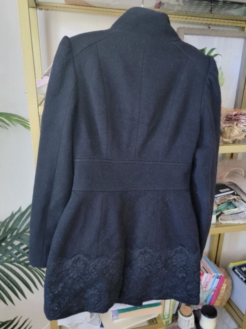 BEBE Black Wool Blend Military Coat w/ Lace Hem & Ruffle Trim - Picture 4 of 7